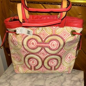 Coach NWT Pink Khaki Multi 17044 Aubrey Op Art Leigh Slim tote